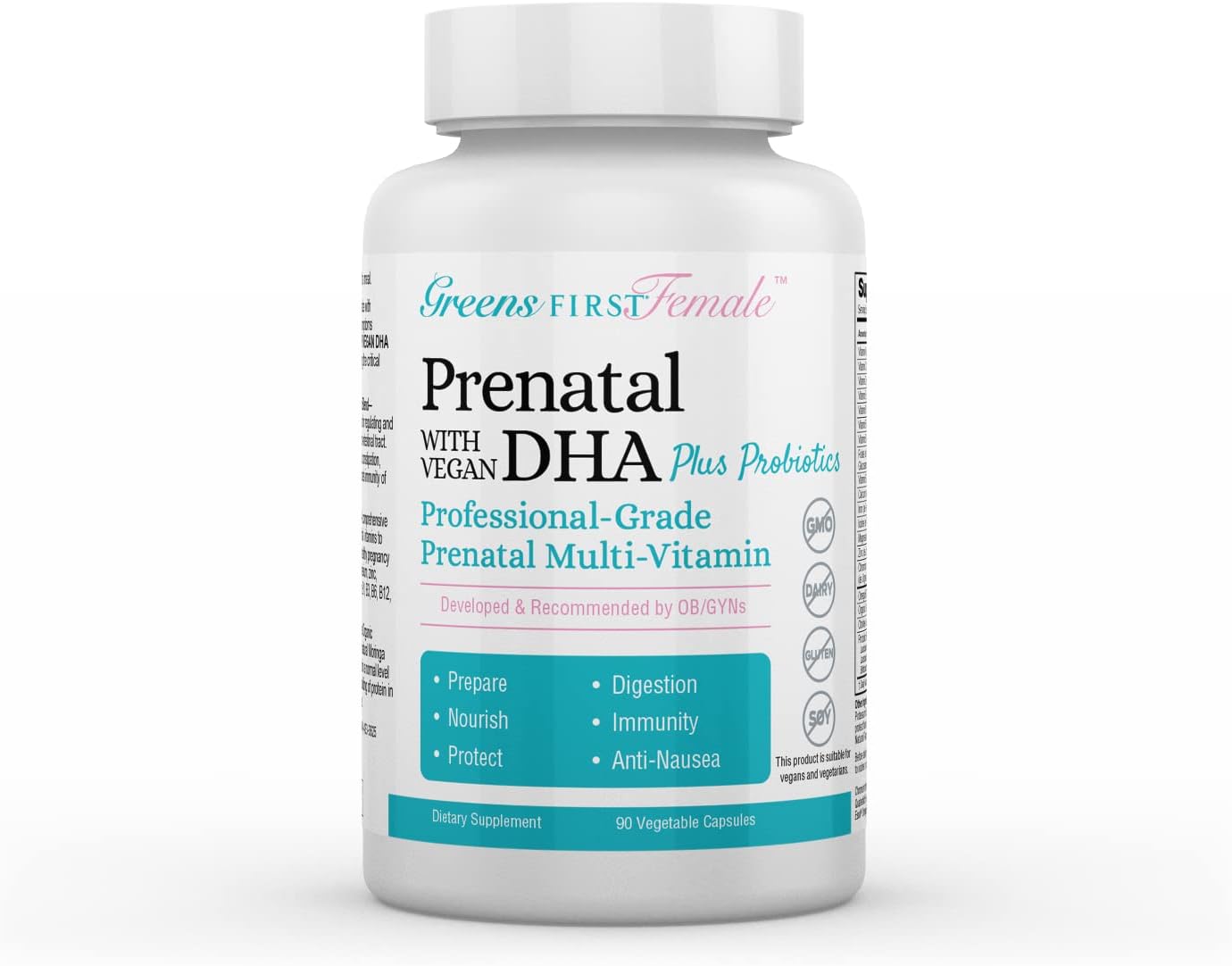 Greens First Female Prenatal Vitamin with Vegan DHA - Pregnancy Multivitamin Supplement - Supports Healthy Fetal Development - Natural Ingredients - with Ginger - 90 Capsules