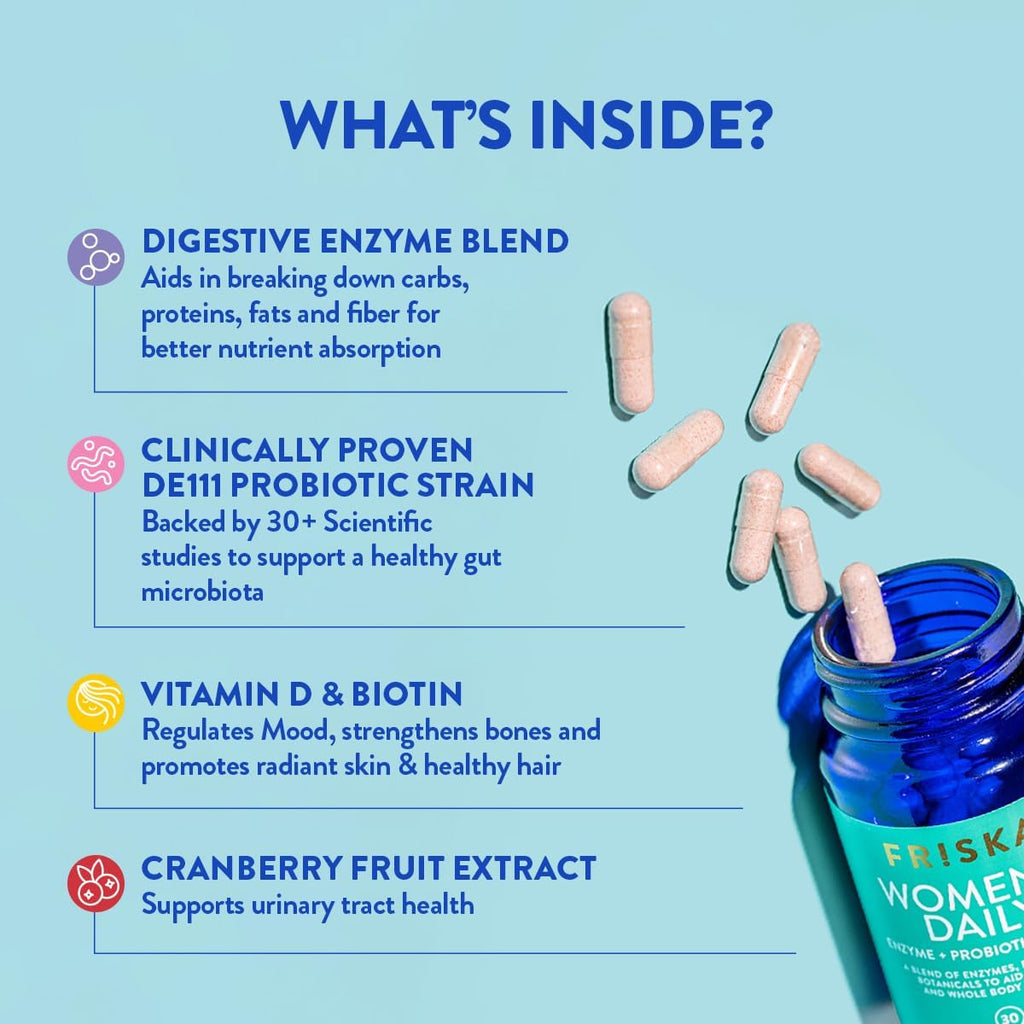 FRISKA Women’s Daily Digestive Enzyme and Probiotics Supplement, Advanced Natural Support for Female Digestive Health, Fights Bloating, Eases Digestion, Supports Nutrient Absorption, 30 Capsules