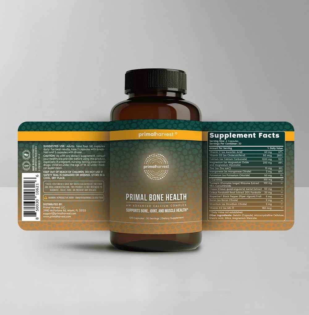 Primal Harvest Calcium Carbonate Bone Health Complex for Men and Women with Calcium, Magnesium, Zinc, Manganese, Potassium, and L-Carnitine