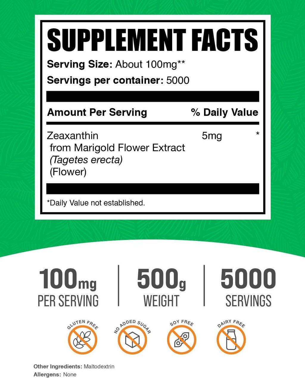 BulkSupplements.com Zeaxanthin Powder - Zeaxanthin Supplements, from Marigold Flower Extract - Gluten Free, 100mg (Zeaxanthin 5mg) per Serving, 500g (1.1 lbs) (Pack of 1)