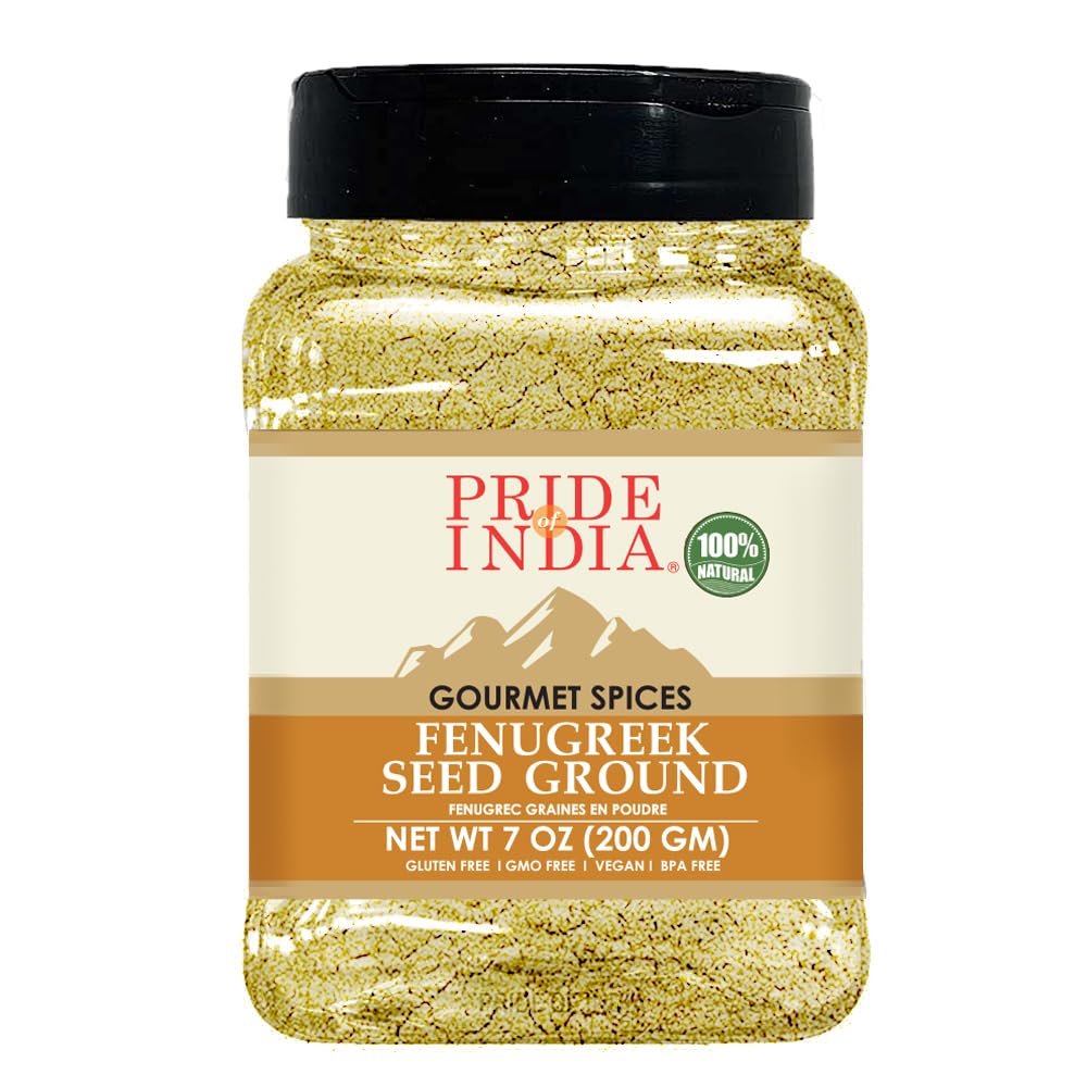 Pride of India - PACK of 6 - Fenugreek Seed Ground – Gourmet Indian Spice – Vegan, Gluten & GMO-Free – Ideal for Cooking & Meat Seasoning – Easy to Use – 7 oz. Medium Dual Sifter Jar