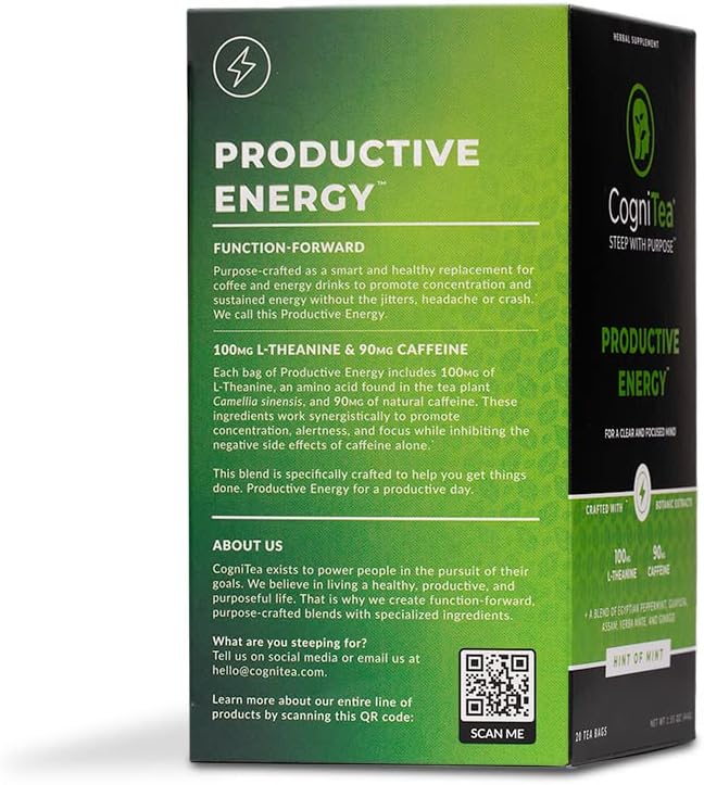 Productive Energy Tea - Enhanced Focus & Energy with 100mg L-Theanine, 90mg Caffeine Organic Guayusa & Yerba Mate, Assam Black Tea - Crash-Free Cognitive Boost