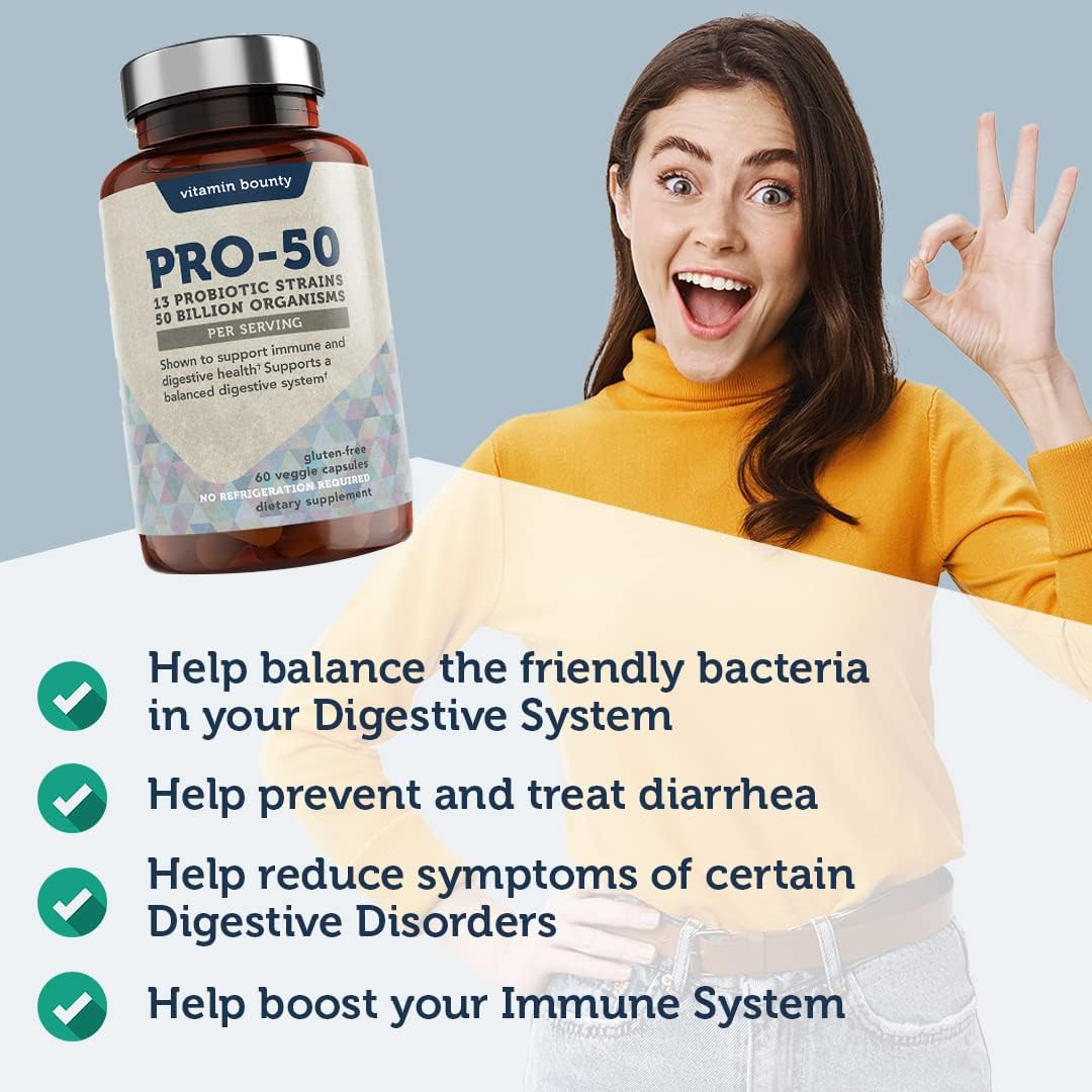 Vitamin Bounty Pro-50 Probiotic 50 Billion CFU - 13 Strain Supplement for Men & Women + Prebiotics - Digestive Health & Gut Support - Lactobacillus & Bifidobacterium - Delayed Release Capsules, 2 Pack