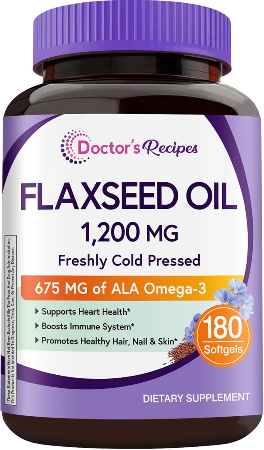Doctor's Recipes Flaxseed Oil, 1200 mg, Freshly Cold Pressed, High in ALA, Omega 3 6 9, No Gluten, No Soy, for Heart Health, Non GMO, 180 Softgels