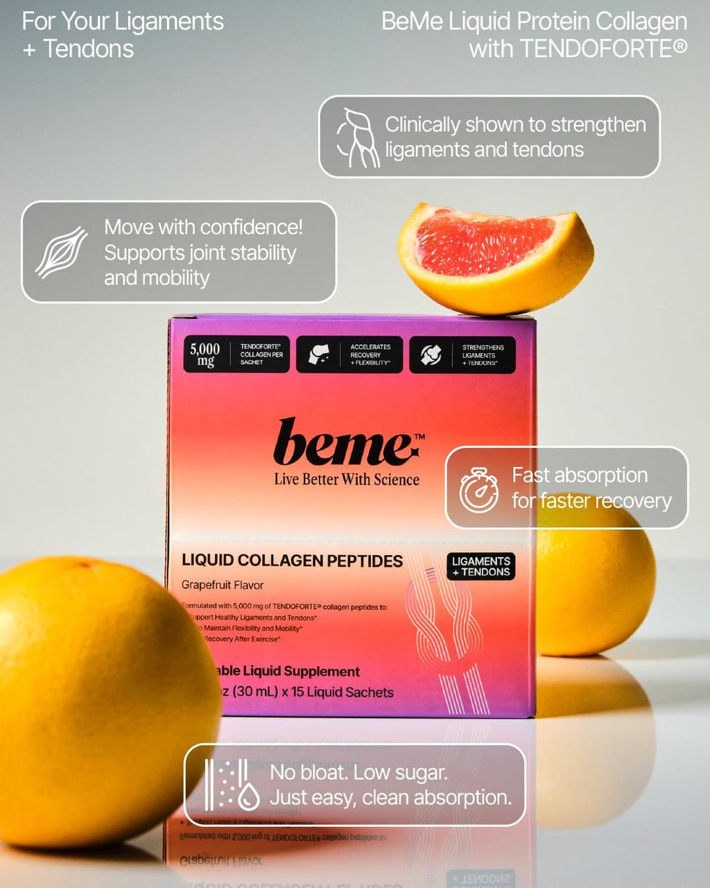 BeMe Liquid Collagen Peptides for Athletes - 5,000mg TENDOFORTE for Ligament & Tendon Strength - 2X Faster Absorption - Clinically Proven for Injury Prevention & Faster Recovery - Delicious Grapefuit