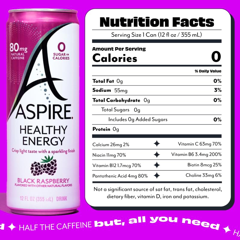 ASPIRE® Black Raspberry, Healthy Energy Drink 80mg Natural Caffeine, Zero Sugar No Carbs Keto Friendly, 12 Pack Green Tea Sugar Free Drink Low Caffeine Zero Calorie
