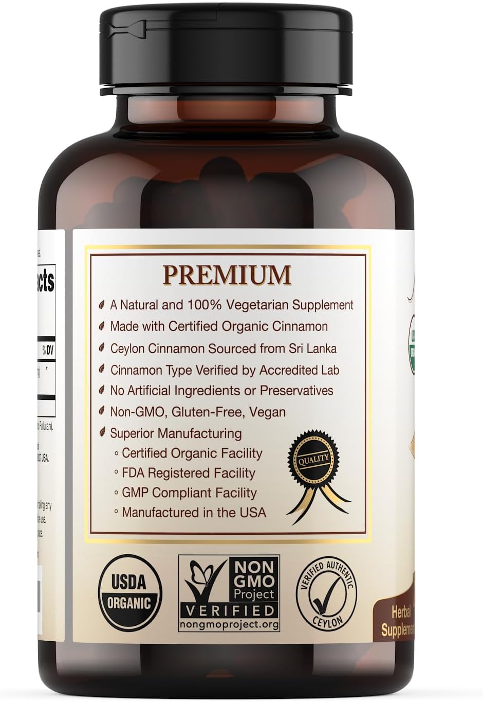 USDA Certified Organic Ceylon Cinnamon Capsules, Non-GMO Verified Supplement - 120 Capsules, 2 Month Supply