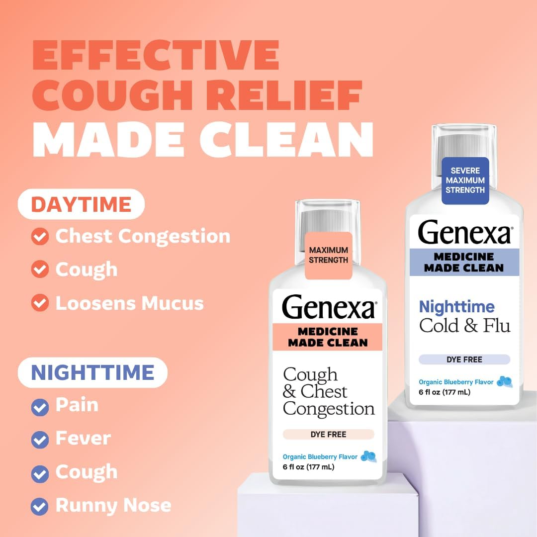 Genexa Daytime Cough & Congestion + Nighttime Severe Cold & Flu Combo Pack, Dye Free, 0% Artificial Additives, Liquid Multi-Symptom Cough, Cold, & Flu, Organic Blueberry Flavor, 12 fl oz (2 Pack)