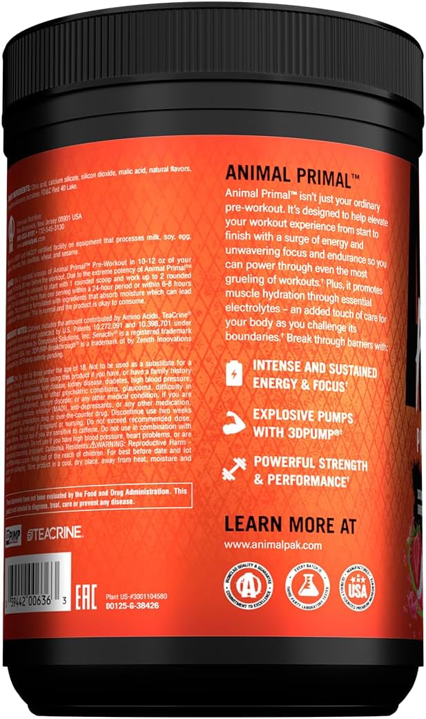 Animal Primal Muscle Hydration + Preworkout Powder – Contains Beta Alanine, 3DPump, Caffeine & Electrolytes – Improves Energy, Focus, Endurance & Absorption – New Dragon Berry Flavor, 16.9 oz