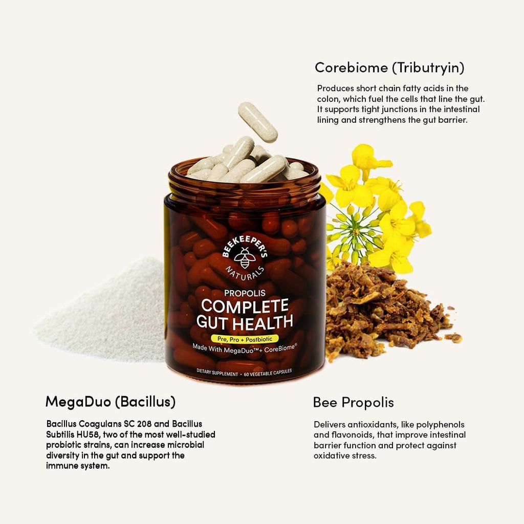 Beekeeper's Naturals Complete Gut Health, 3-in-1 Prebiotic, Postbiotic, Probiotics for Digestive Health & Bloating Relief for Women & Men, Propolis Powered, Gluten-Free Vegan Capsules, 60ct
