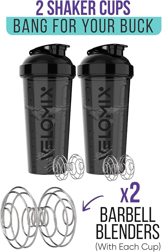 VELOMIX -2 Pack- 28 oz Protein Shaker Bottles for Protein Mixes - 2x Wire Whisk | Leak Proof Shaker Cups for Protein Shakes and Pre Workout | Protein Shaker Bottle Pack (2 Pack Black)