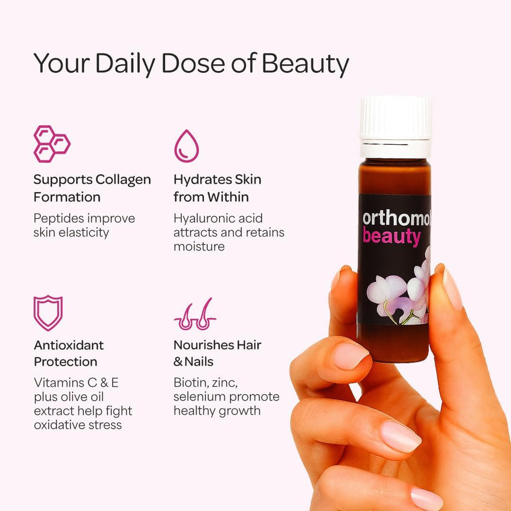 Orthomol Beauty Vial - Liquid Women's Beauty Supplement with Collagen Hydrolysate, Hyaluronic Acid, and Coenzyme Q10 for Hair, Skin, and Nail Health