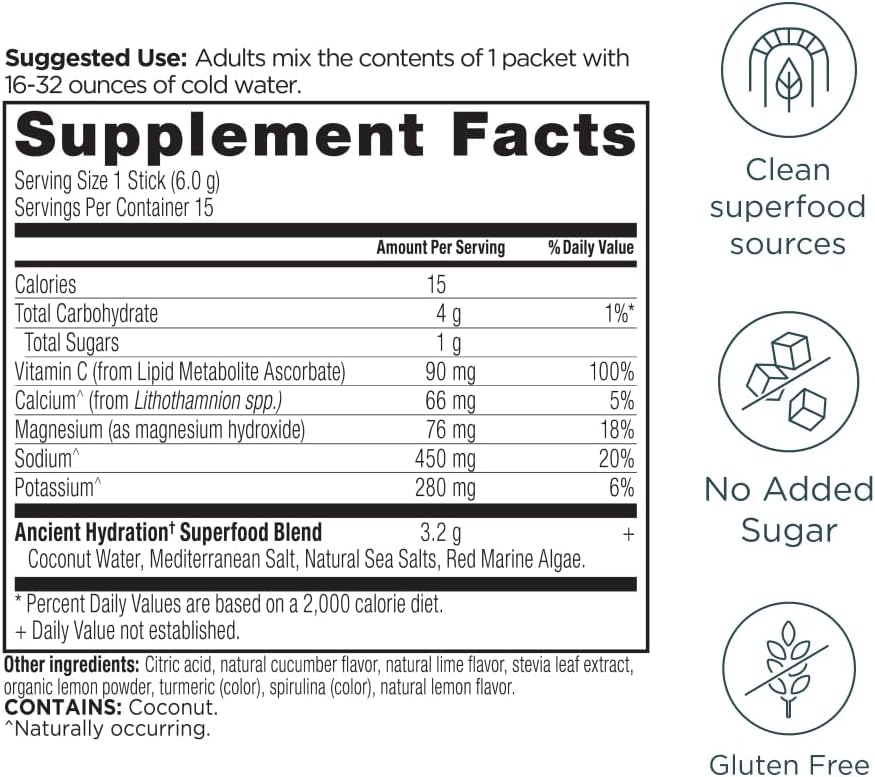 Ancient Nutrition Rapid Hydration Powder, Lemon Lime, Electrolytes from Natural Sea Salts and Red Marine Algae, Supports Rapid Body Hydration and Cellular Health, 15 Servings