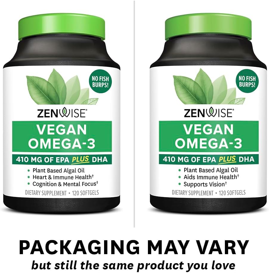 Zenwise Health Vegan Omega 3 Supplement - Burpless Omega 3 Supplement with DHA, EPA & DPA Fatty Acids for Immune Health - Fish Oil Alternative from Sustainably Sourced Marine Algae Oil - 120 Softgels