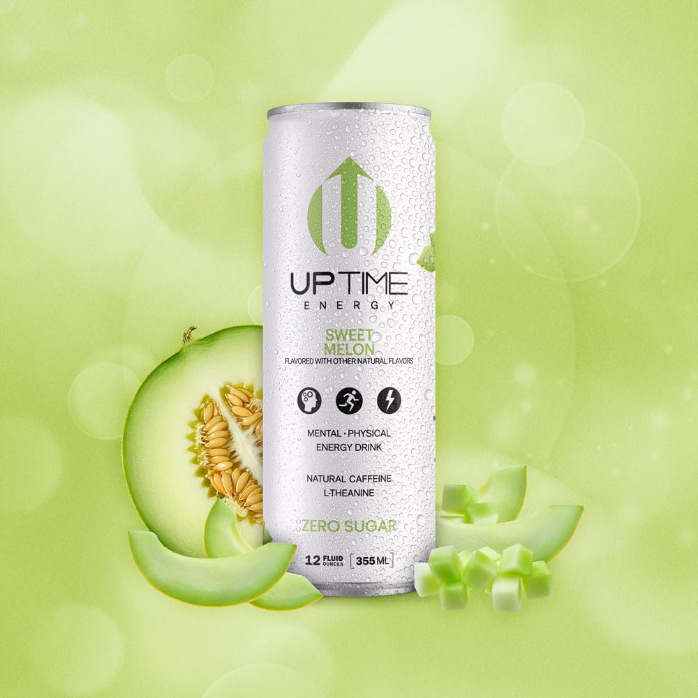 UPTIME Energy Drink, Sweet Summer Melon Sparkling, 12 Pack, Vitamin C, L Theanine, Calcium, Sugar Free Energy Drinks for Focus Support, 142mg of Natural Caffeine, 5 Calories, Natural, 12 fl oz Cans