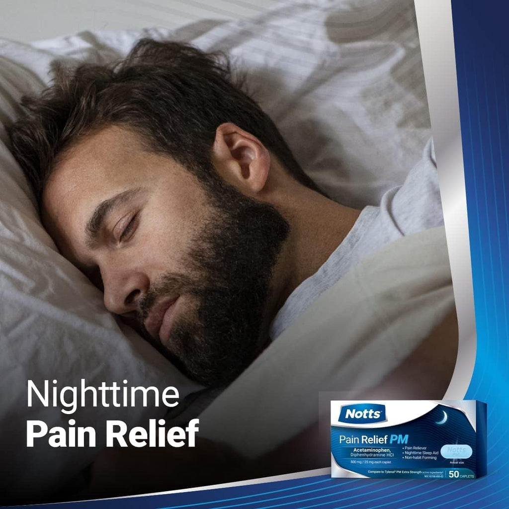 PM Extra Strength Pain Relief & Sleep Aid, 500mg Acetaminophen & 25mg Diphenhydramine HCl, 50 Caplets for Nighttime Aches, Headaches & Body Pain, Non-Habit Forming