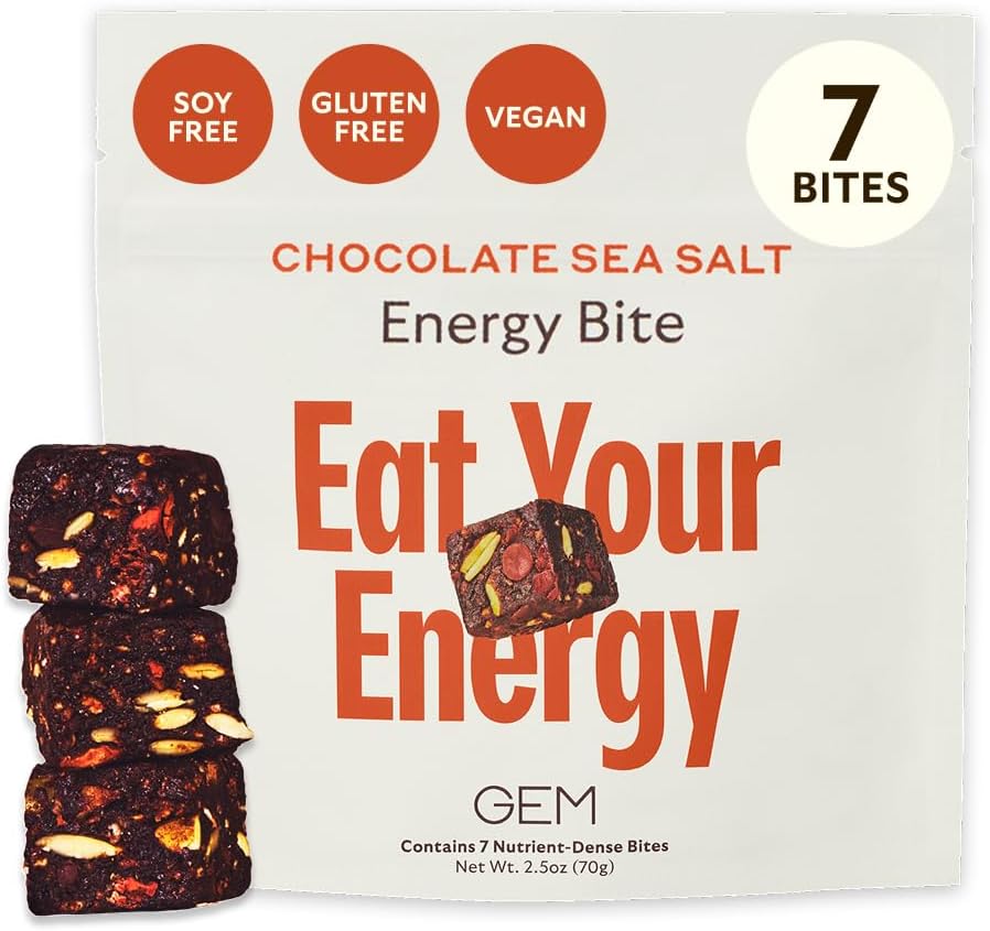 GEM Energy Caffeinated Bite | Holistic Sustained Energy | Supports Metabolism, Stamina & Endurance | 40mg Caffeine, Ginseng Root, L-Theanine | Chocolate Cacao Sea Salt | 7 Servings