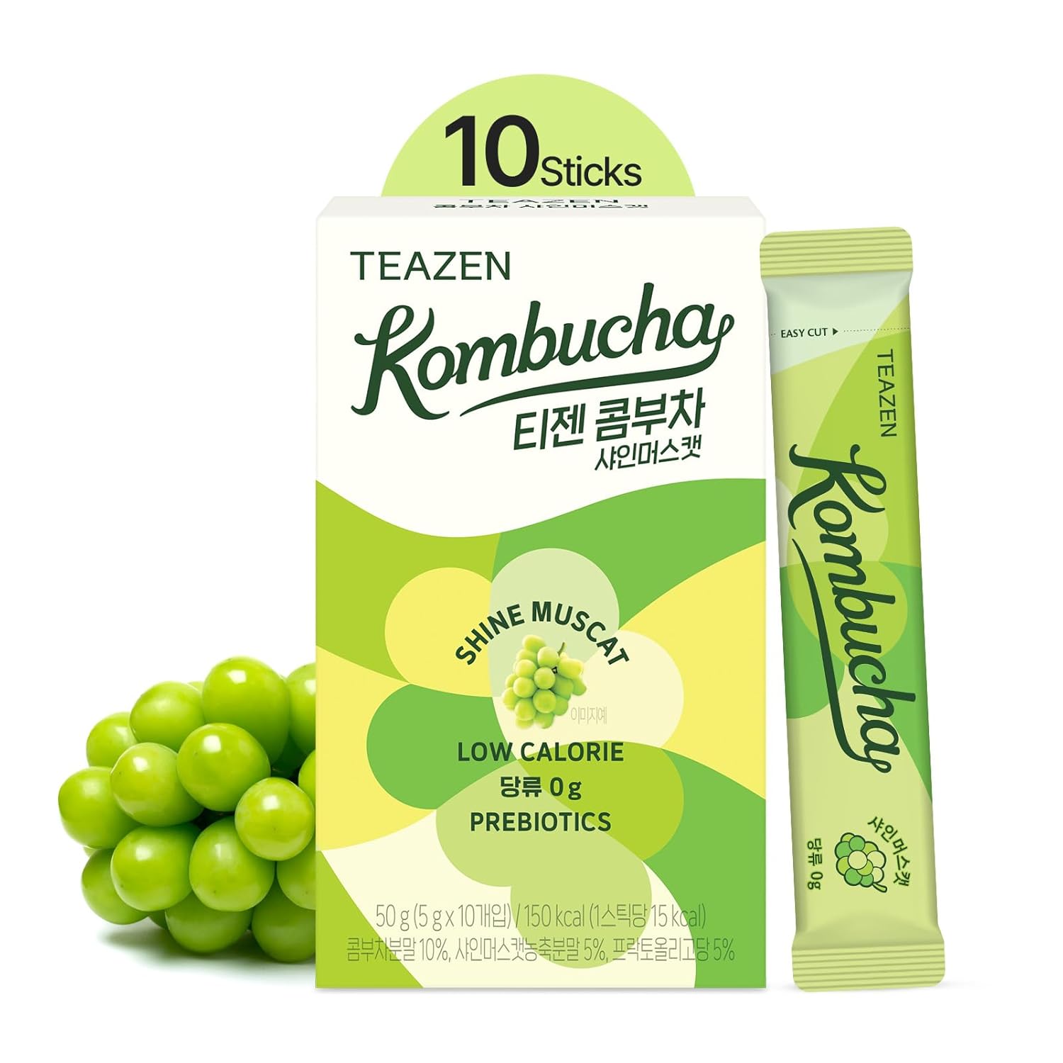TEAZEN Shine Muscat Kombucha Tea, Electrolyte Powder & Hydration Drink Mix, Sugar Free, Live Probiotics & Prebiotics, 10 Sticks, 1.76oz