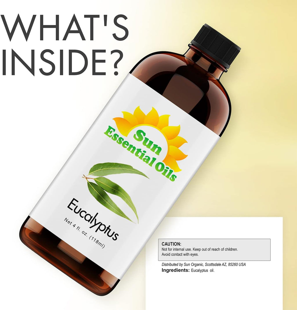 Sun Essentials Oils - 4 oz Eucalyptus Essential Oil with Dropper for Diffuser, Skin, Aromatherapy Massage, Humidifier, Scent for Candle, Lotion & Soap Making at Home, Fragrance for Room