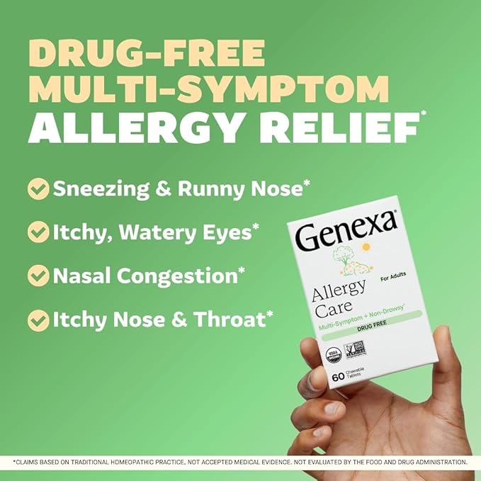 Genexa Allergy Care | Drug Free, Non-Drowsy Allergy & Decongestant Relief for Adults | Vegan & Non-GMO | Homeopathic Allergy Relief Made Clean | Organic Acai Berry Flavor | 180 Chewable Tablets