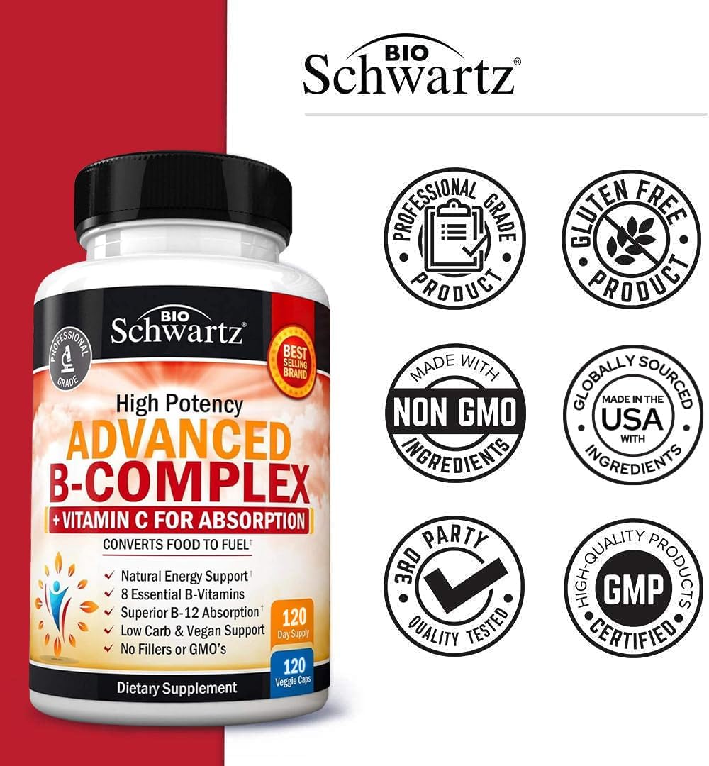 Vitamin B Complex with Vitamin C for Maximum Absorption - Methylcobalamin b12 & Folate Folic Acid Supplement - B1 B2 B3 B5 B6 B7 B9 for Immune Energy & Nervous System Support - Non-GMO, 120 count