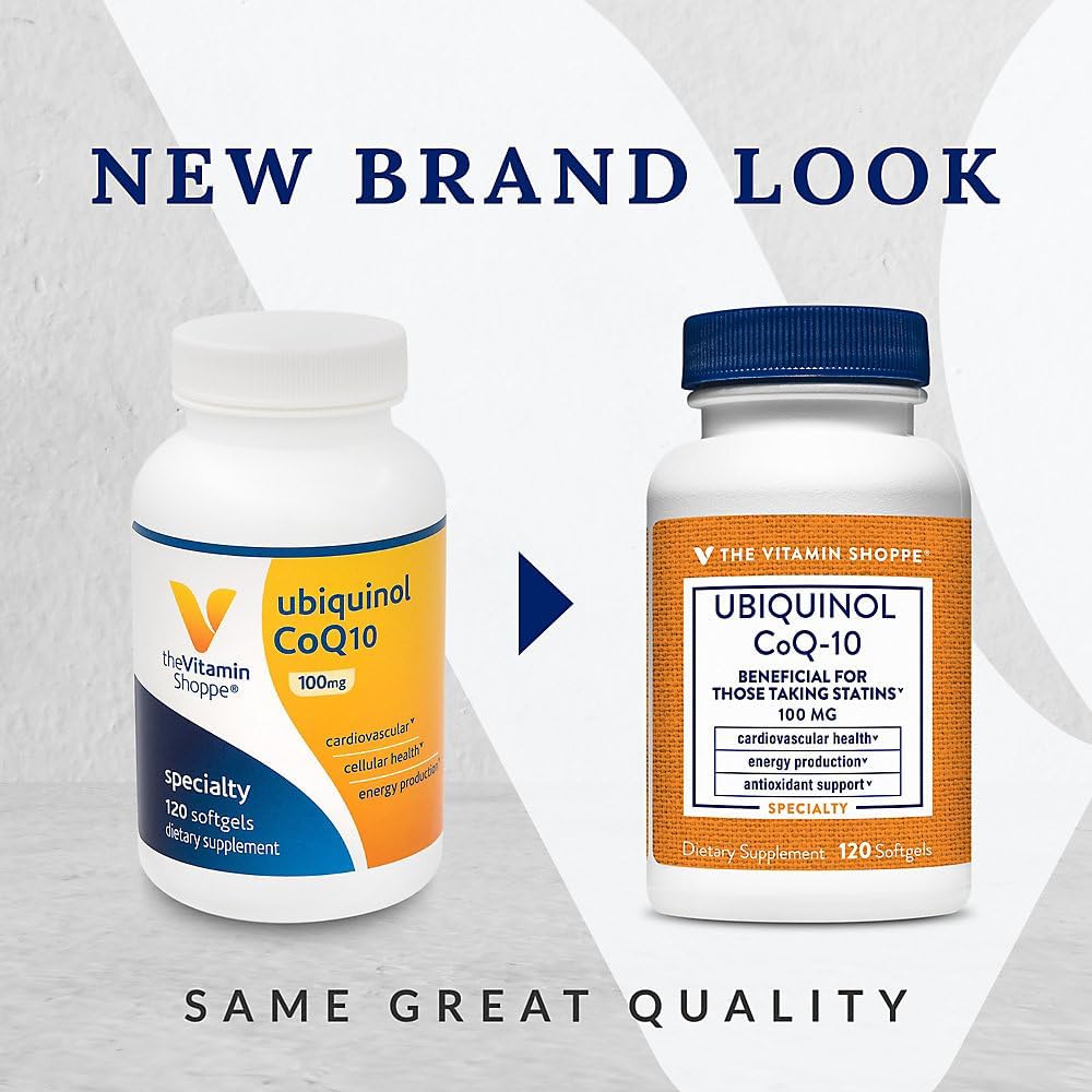 The Vitamin Shoppe Ubiquinol CoQ-10 100mg - Beneficial for Those Taking Statins – Supports Heart & Cellular Health and Healthy Energy Production, Essential Antioxidant – Once Daily (120 Softgels)