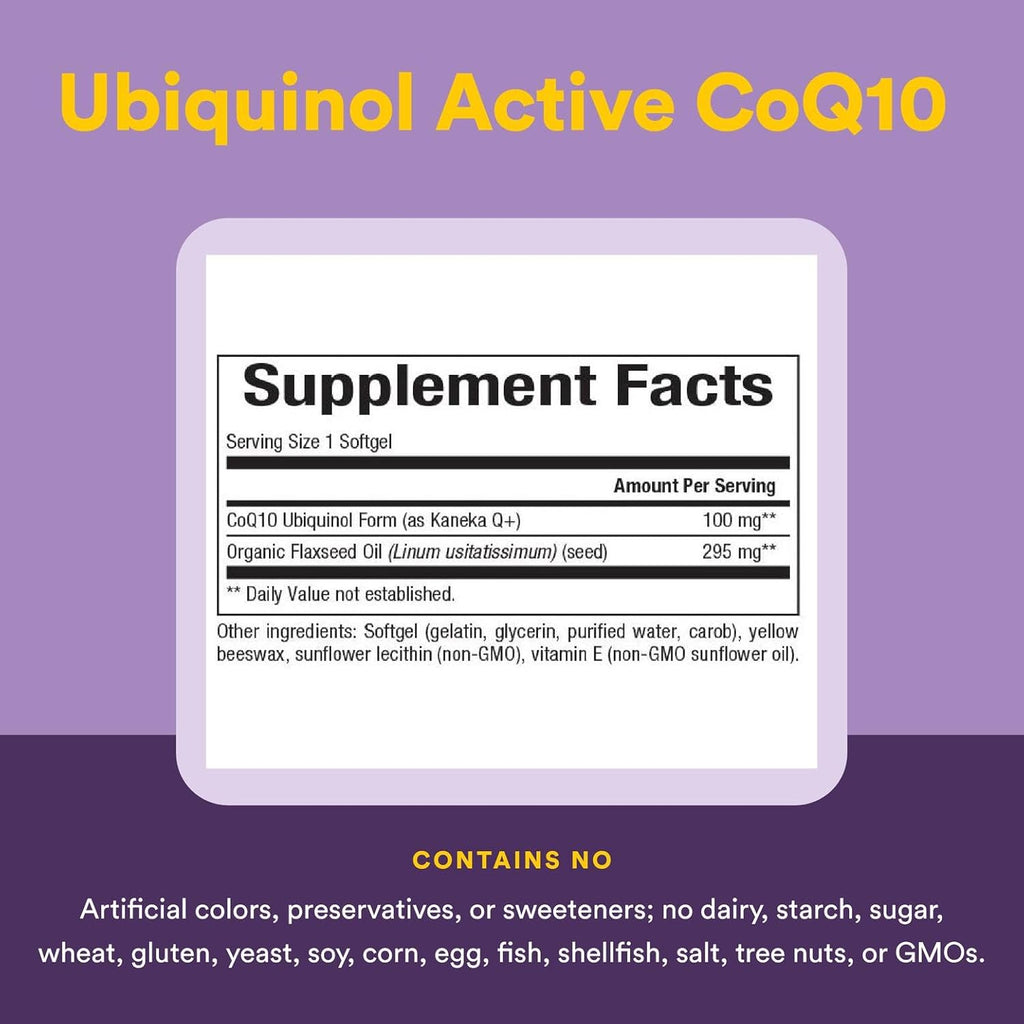 Natural Factors Ubiquinol Active CoQ10 100 mg, High-Absorption Coenzyme Q10 Supplement for Energy, Heart and Cognitive Support, 100mg, 60 Softgels