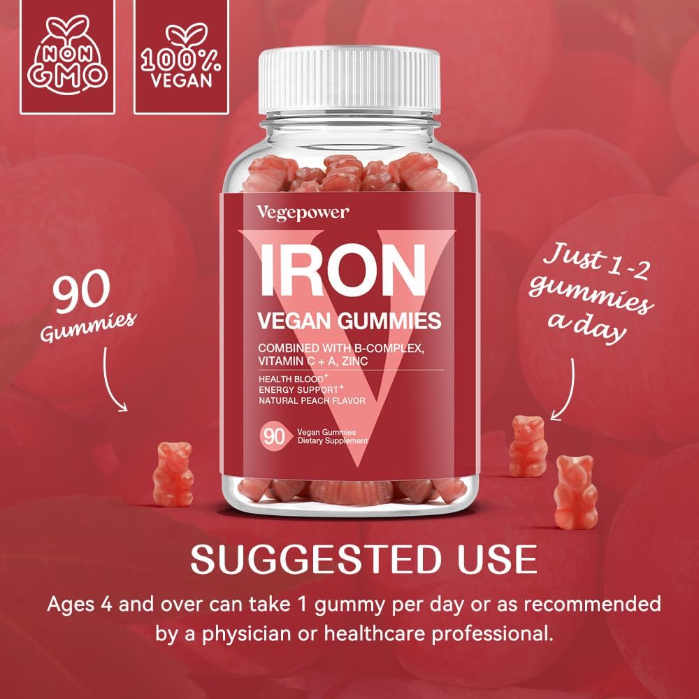 Vegan Iron Gummies Supplement - Multivitamin Supplement with Vitamin C, A, B & Zinc - Health Blood & Energy Support for Iron Deficiency, Anemia, No After Taste - Peach Flavor（2 Packs）