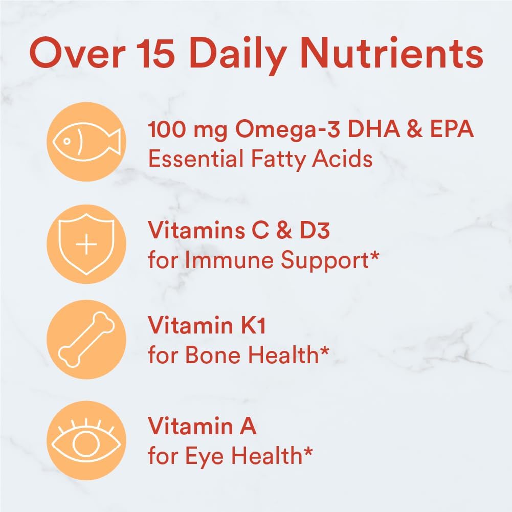 SmartyPants Kids Multivitamin Gummies: Omega 3 Fish Oil (EPA/DHA), Vitamin D3, C, Vitamin B12, B6, A, K & Zinc for Immune Support, Biotin, Gluten Free, Three Fruit Flavors, 120 Count (30 Day Supply)