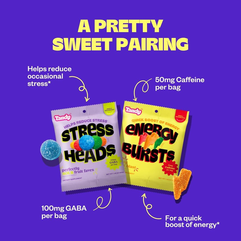Tandy Stress Heads & Energy Bursts Gummies I GABA Amino Acid & Caffeine Gummy I Sour Fruit & Zesty Fruit Flavors I I Stress Relief & Energy Boost Gummies Variety Pack I 6-Pack