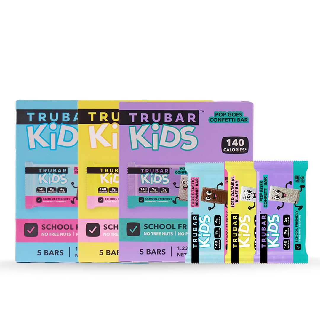 TRUBAR Kids Protein Bars, Snack Pack Variety Box, Plant Based Protein, Gluten Free School-Friendly Snacks for Lunchboxes, Tree Nut and Peanut Free, Low Sugar, Healthy On the Go Snack Bars, 15 Count