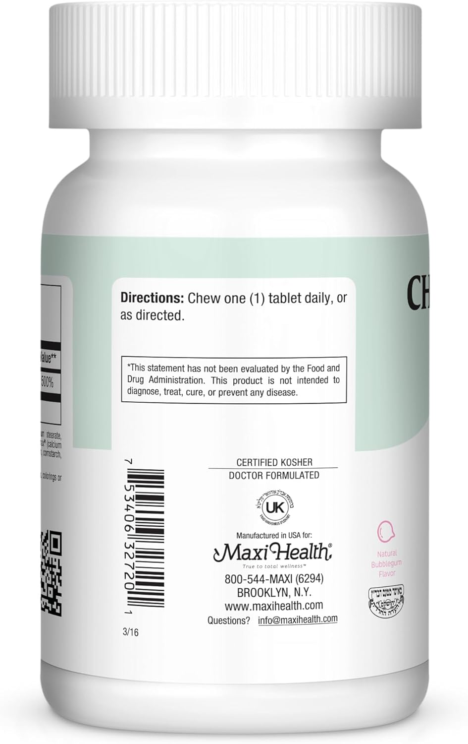 Maxi Health Chewable Vitamin D3 2000 IU Supplement - Delicious Natural Bubble Gum Flavor - Supports Calcium Absorption, Immune and Bone Health in Adult Women, Men, Children & Toddlers - 200 Chews