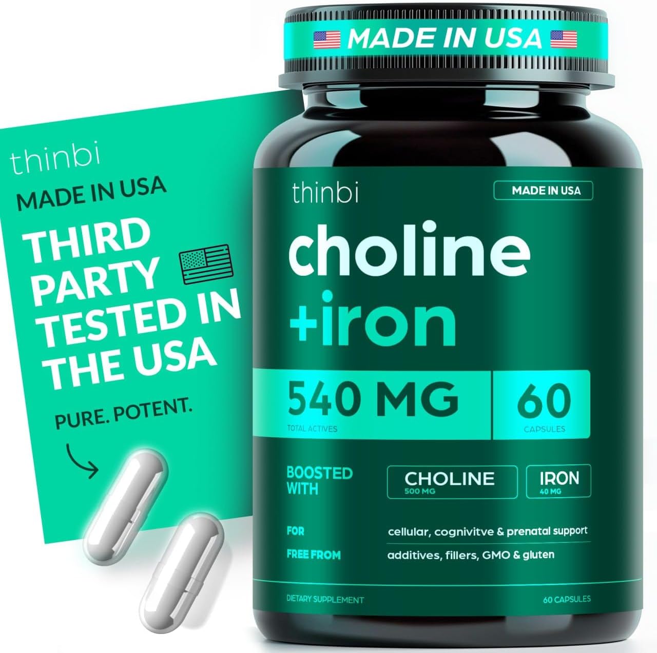 Choline 500mg Prenatal Supplement with Iron 40mg – Prenatal Vitamins for Women – Pregnancy Brain, Memory & Cognitive Support – Ferrous Fumarate, Vegan – 30 Servings