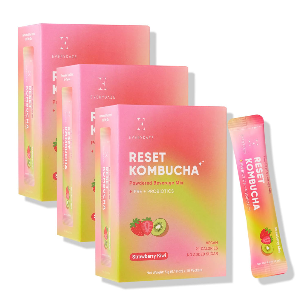 EVERYDAZE Reset Kombucha Tea Powdered Beverage Mix | 30 Pack (3 x 10ct) | Prebiotics + Probiotics | Vegan | No Added Sugar, Low Calorie, Gluten-Free, Sparkling Powder Drink (Strawberry Kiwi)