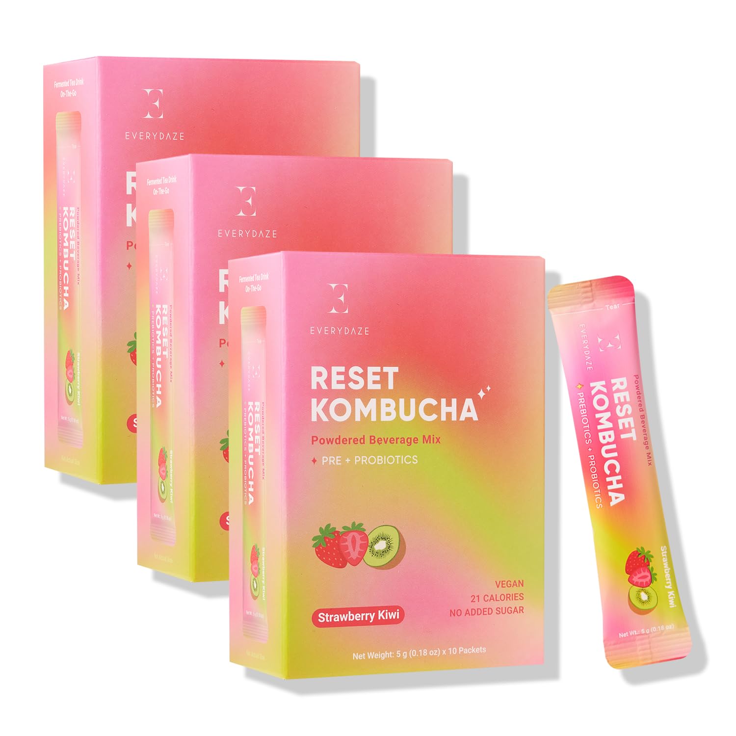 EVERYDAZE Reset Kombucha Tea Powdered Beverage Mix | 30 Pack (3 x 10ct) | Prebiotics + Probiotics | Vegan | No Added Sugar, Low Calorie, Gluten-Free, Sparkling Powder Drink (Strawberry Kiwi)