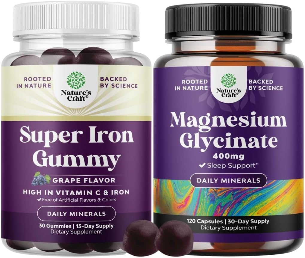 Bundle of Extra Strength Iron Supplement Gummies - Chewable Iron with Vitamin C & B Complex - Energy Blood Builder and Pure Magnesium Glycinate Supplement 400mg Per Serving for Mood Sleep & Relaxation