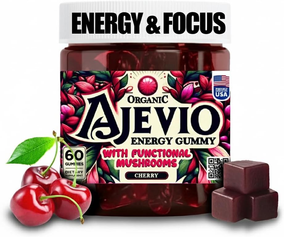Energy & Focus Gummies – Organic Lion’s Mane and Cordyceps Mushrooms, Plant-Based Caffeine, L-Theanine & B Vitamins, Nootropic for Stamina, Attention & Cognitive Support Cherry – 60 Ct (30 Day Supply)