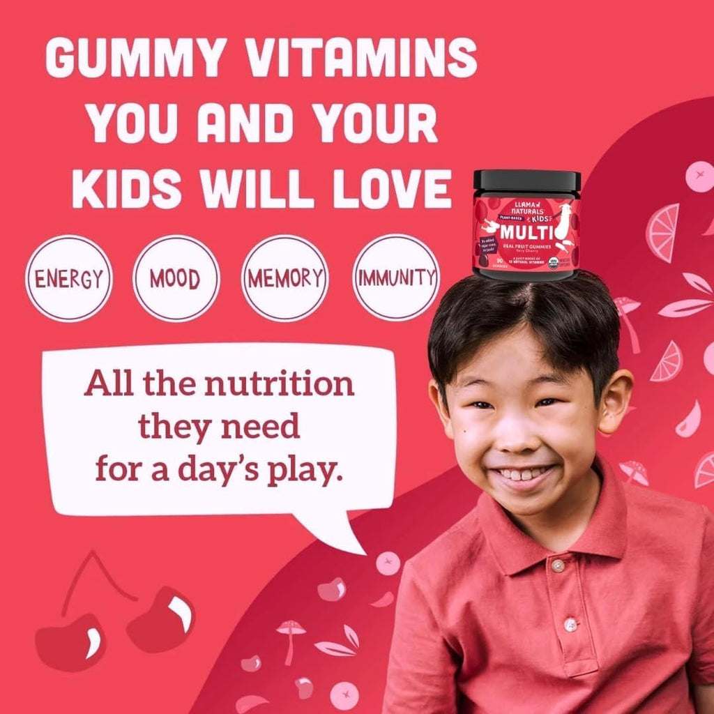 Llama Naturals Kids Multivitamin Gummies, Vegan, Organic with Vitamin D, C & K, Toddler Real Fruit Gummy Vitamins, Chewable Supplement, Whole Food Multivitamin, No Added Sugar Cane, Cherry, 90 Ct