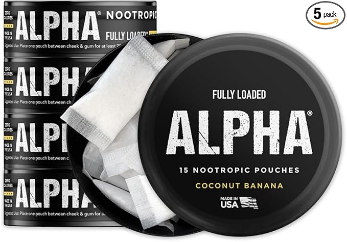 Fully Loaded Alpha Nootropic Pouches (Coconut Banana) - 5 Cans - 15 Pouches per can - Effective Nootropic Delivery, Nic Pouch Replacement - Faster Absorption, Alpha GPC, L-Tyrosine, GABA