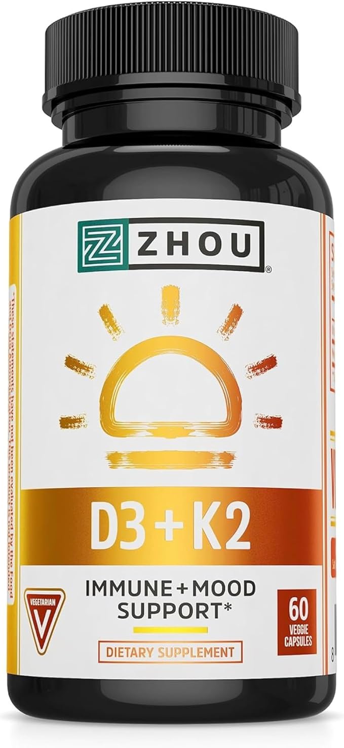 Zhou D3+K2 - Vitamin D3 K2 Supplement for Women & Men, Immune Support Vit D3 and K2 Supplements, Pure Vegetarian Formula with 5000 IU of D3 and MK-7 - 60 Veggie Capsules (Pack of 1)