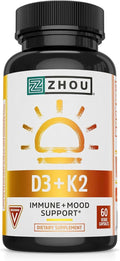 Zhou D3+K2 - Vitamin D3 K2 Supplement for Women & Men, Immune Support Vit D3 and K2 Supplements, Pure Vegetarian Formula with 5000 IU of D3 and MK-7 - 60 Veggie Capsules (Pack of 1)