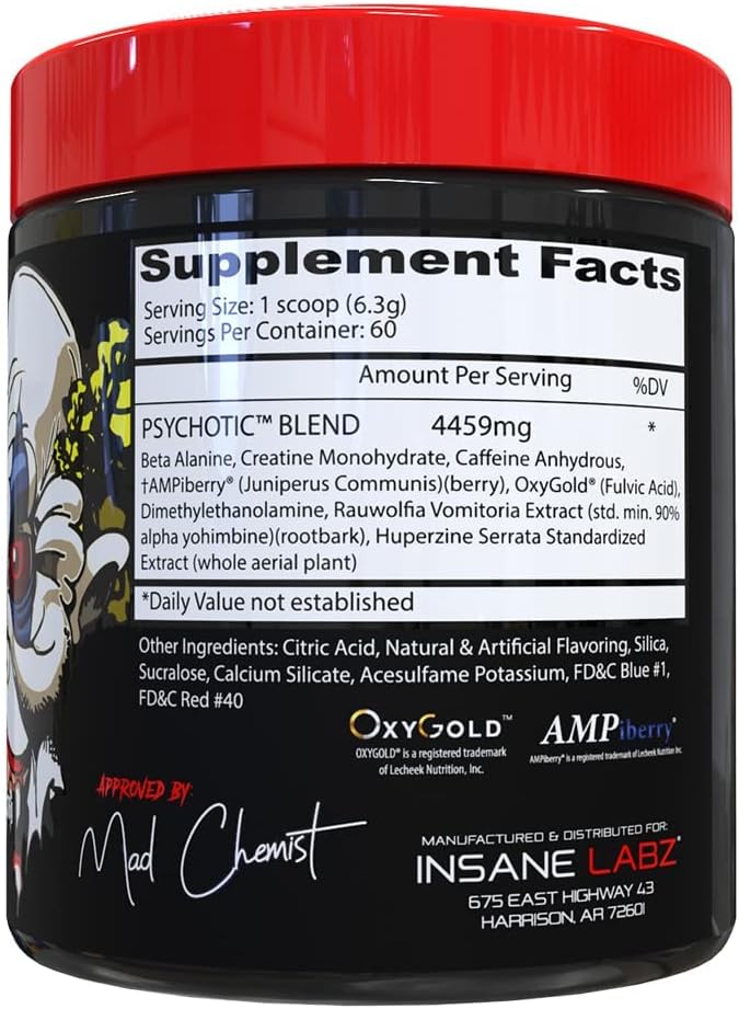 Insane Labz Psychotic, High Stimulant Pre Workout Powder, Extreme Lasting Energy, Focus and Endurance with Beta Alanine, Creatine Monohydrate, DMAE, 60 Srvgs, Grape