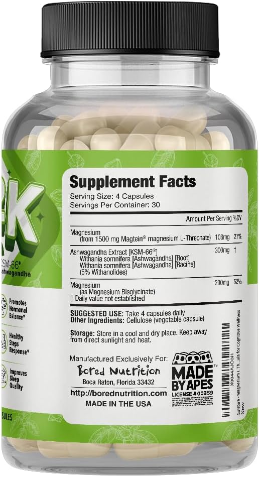 Bored Nutrition M2K: Magtein Magnesium L-threonate & Ashwagandha Supplement - 1500mg Magtein, 300mg KSM-66, Plus 200mg Magnesium
