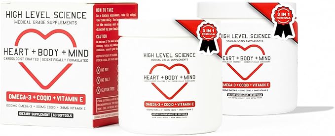 High Level Science CoQ10, Omega-3, Vitamin E - Cardiologist Formulated for Heart + Body + Mind Health with DHA/EPA, Antioxidant for Energy, Superior Bioavailable Fish Oil - Gluten Free - 2 Pack