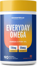 Oceanblue Essentials Everyday Omega 3 – 90 Count – Burpless Fish Oil Supplement with Vitamin D3 – EPA & DHA for Heart and Immune Support – Non-GMO – Tasty Orange Flavor – 3 Month Supply