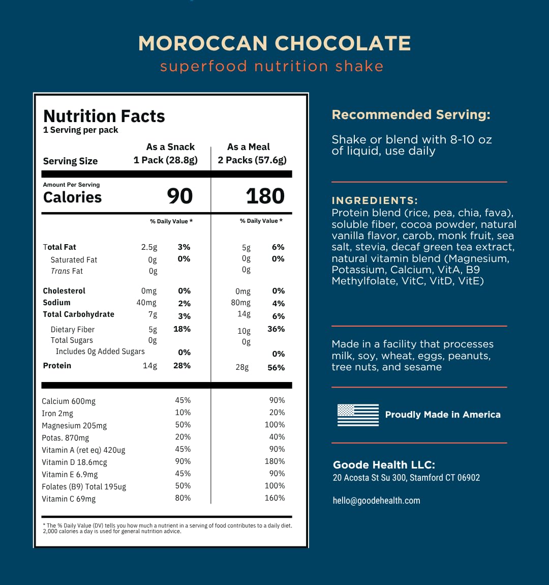 Goode Health Moroccan Chocolate Superfood Nutrition Shake - 7 Single-Serve On The Go Travel Packs - 15g Vegan Protein, 5g Fiber, Zero Sugar - Complete Nutrition Blend