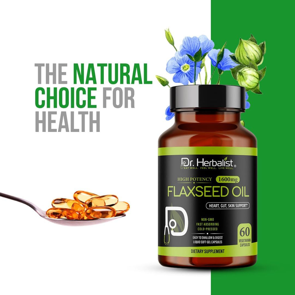 Dr. HERBALIST Flaxseed Oil 1600mg - 60 Capsules - Vegan, Gluten-Free, Source of Omega-3, 6 & 9 for Daily Nutrition