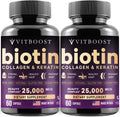 Biotin with Hyaluronic Acid, Collagen and Keratin – 25000 mcg Hair Growth Vitamins for Men and Women – Nails and Skin, USA Made - Third Party Tested, B1, B2, B3, B6, B7 Complex - 120 Capsules