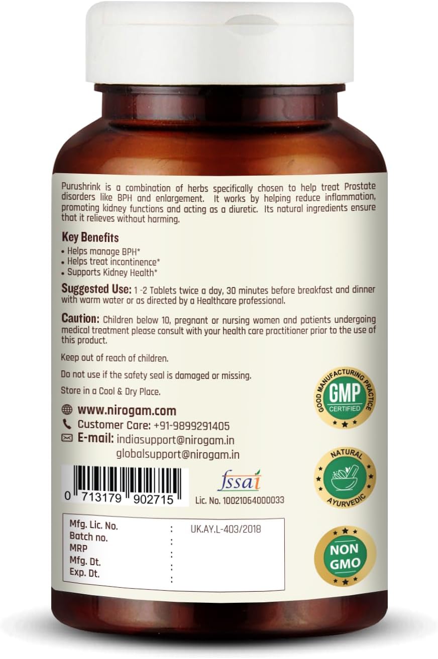 Purushrink Prostate Health Supplement for Men | Support Better Sleep and Urinary Health | Natural Ayurvedic Formula by Nirogam - 120 Tablets