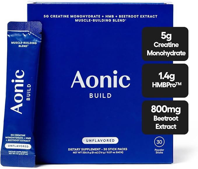 AONIC Build 3-in-1 Creatine, HMBPro™ & Beetroot Formula | Vegan, Non-GMO Pre/Post-Workout Drink Mix – Unflavored (30 Sticks)